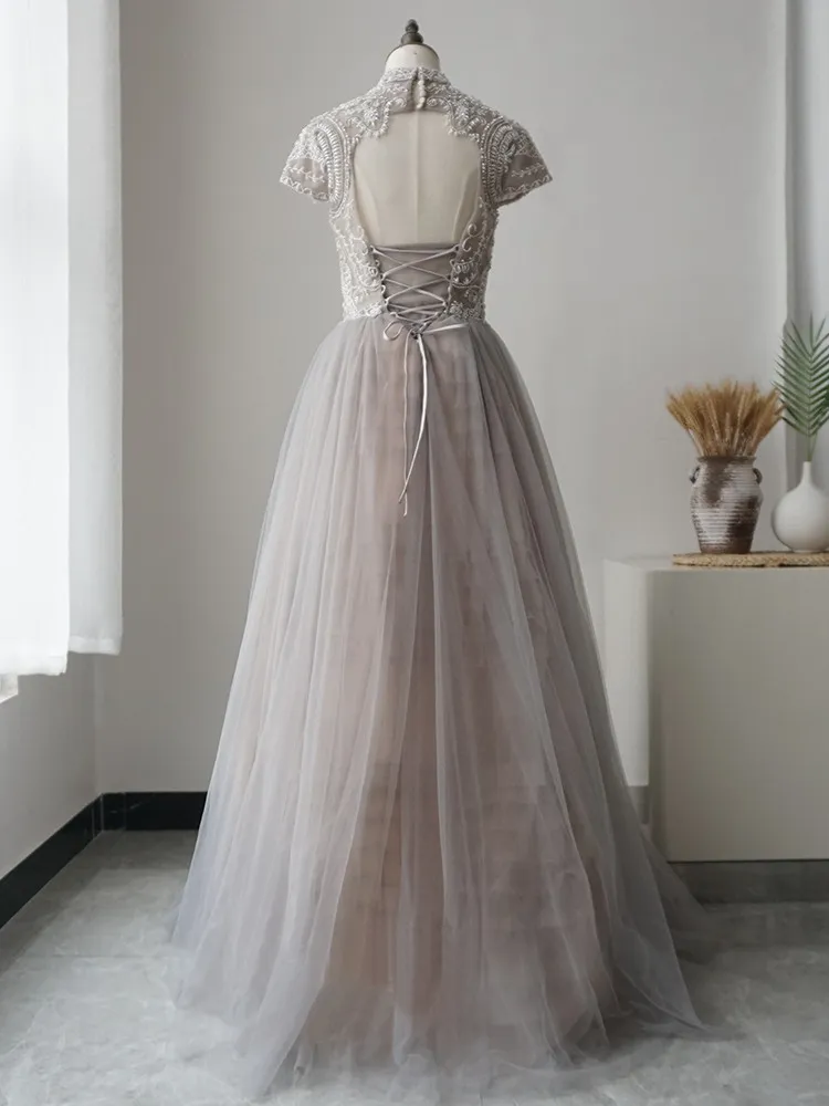 A-line High Neck Short Sleeve Elegant Prom Dress Gray Luxury Long Evening Gowns ASB012