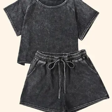 Acid Washed Short Lounge Set (black)