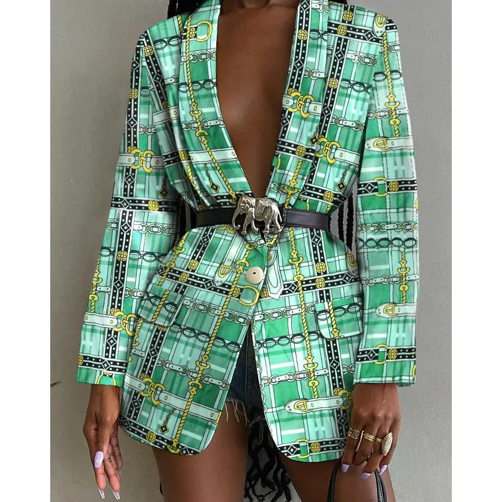 All Over Print Flap Pocket Shawl Collar Blazer