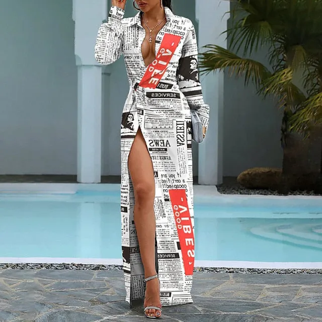 Amy Fashion - Elegant Newspaper Printed Shirt Dress