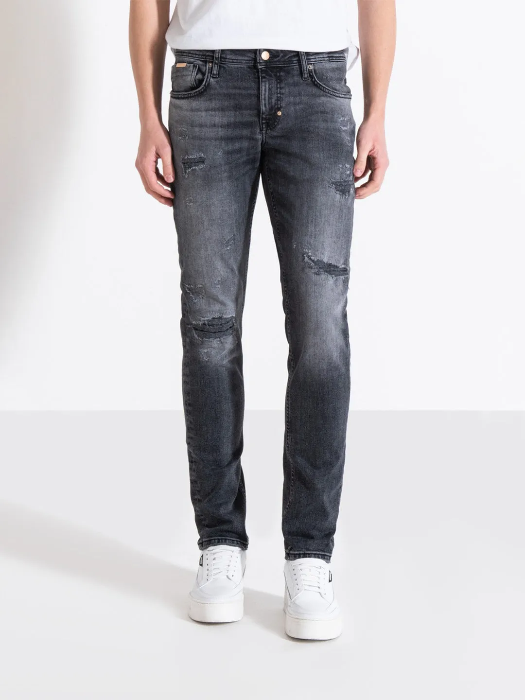 Antony Morato Men Black Washed Mid-Rise Tapered Fit Jeans