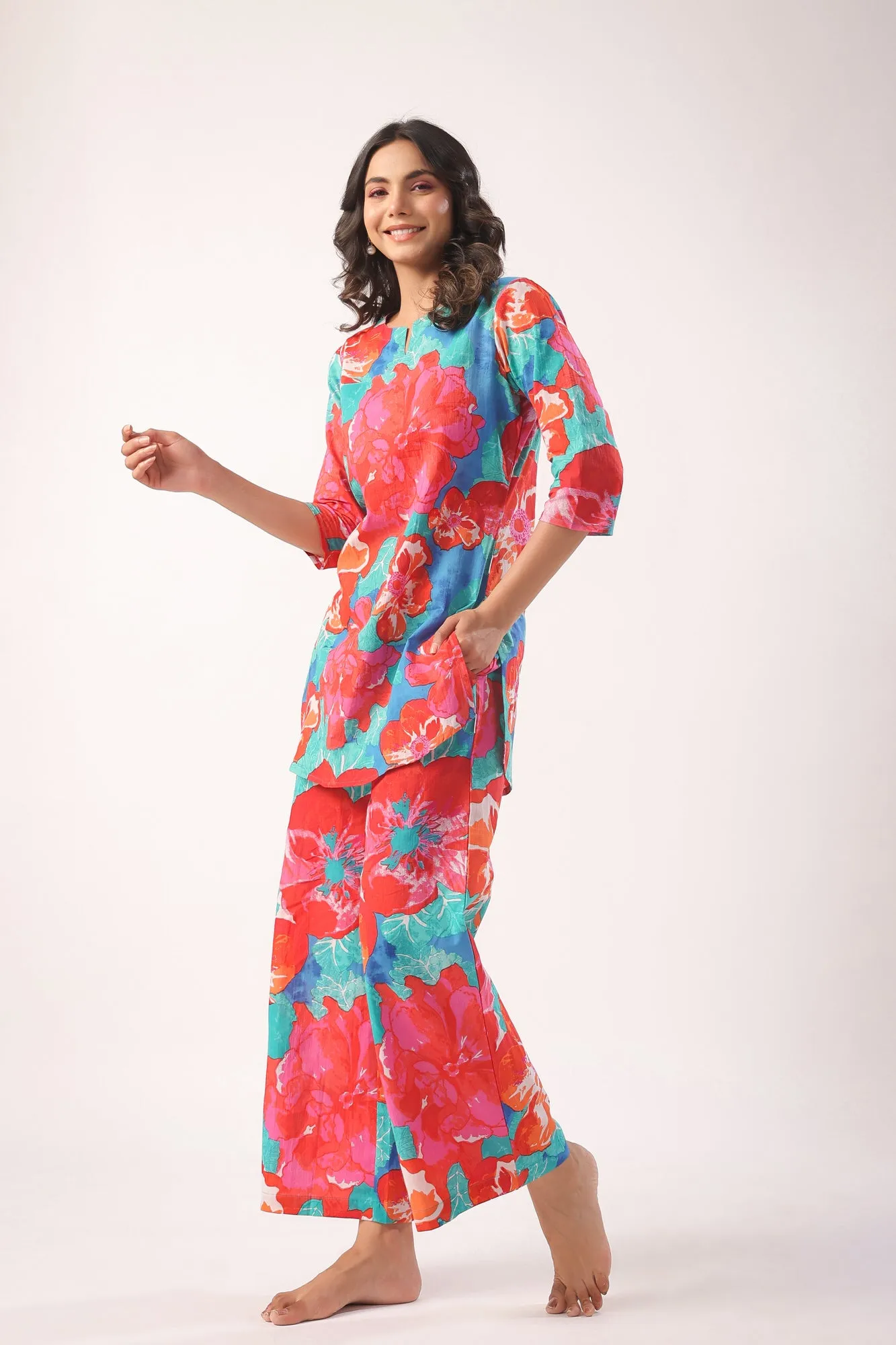 Artistic Bloom Cotton Palazzo Loungewear Set