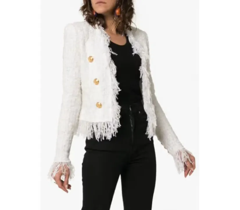 BALMAIN White Metallic Fringe Double Breasted Jacket Size 6/8