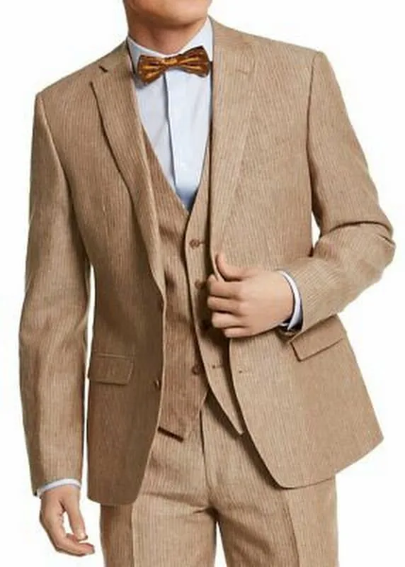 Bar III Mens Slim-Fit Tan Pinstripe Linen Suit Jacket