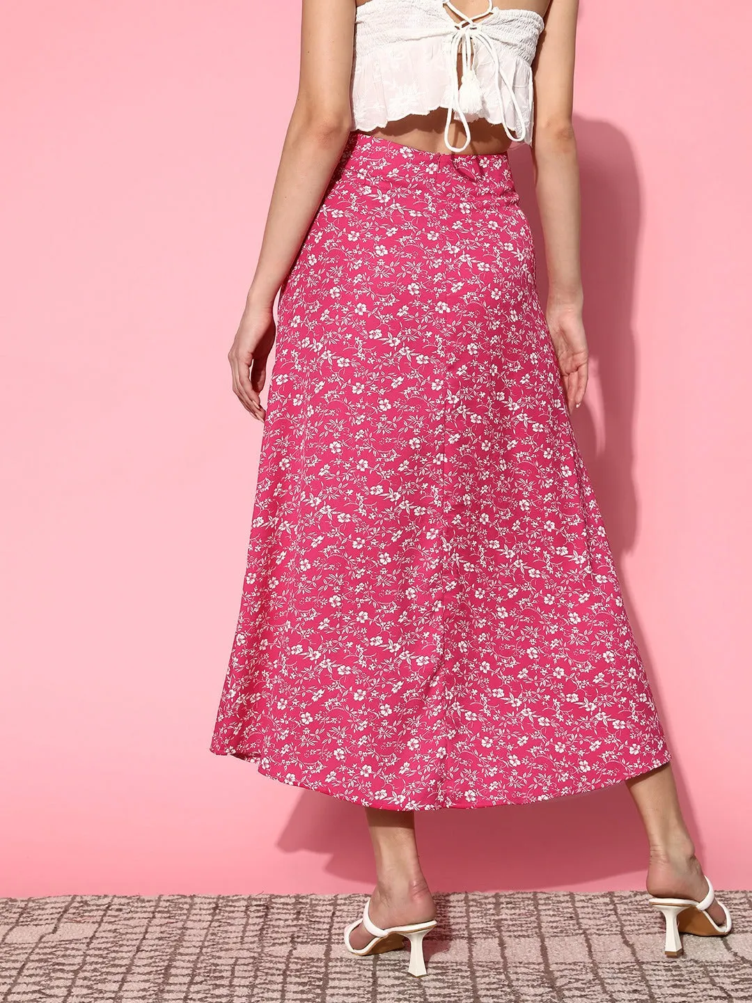 Berrylush Women Pink & White Floral Printed High-Rise Waist Side-Slit Flared A-Line Maxi Skirt