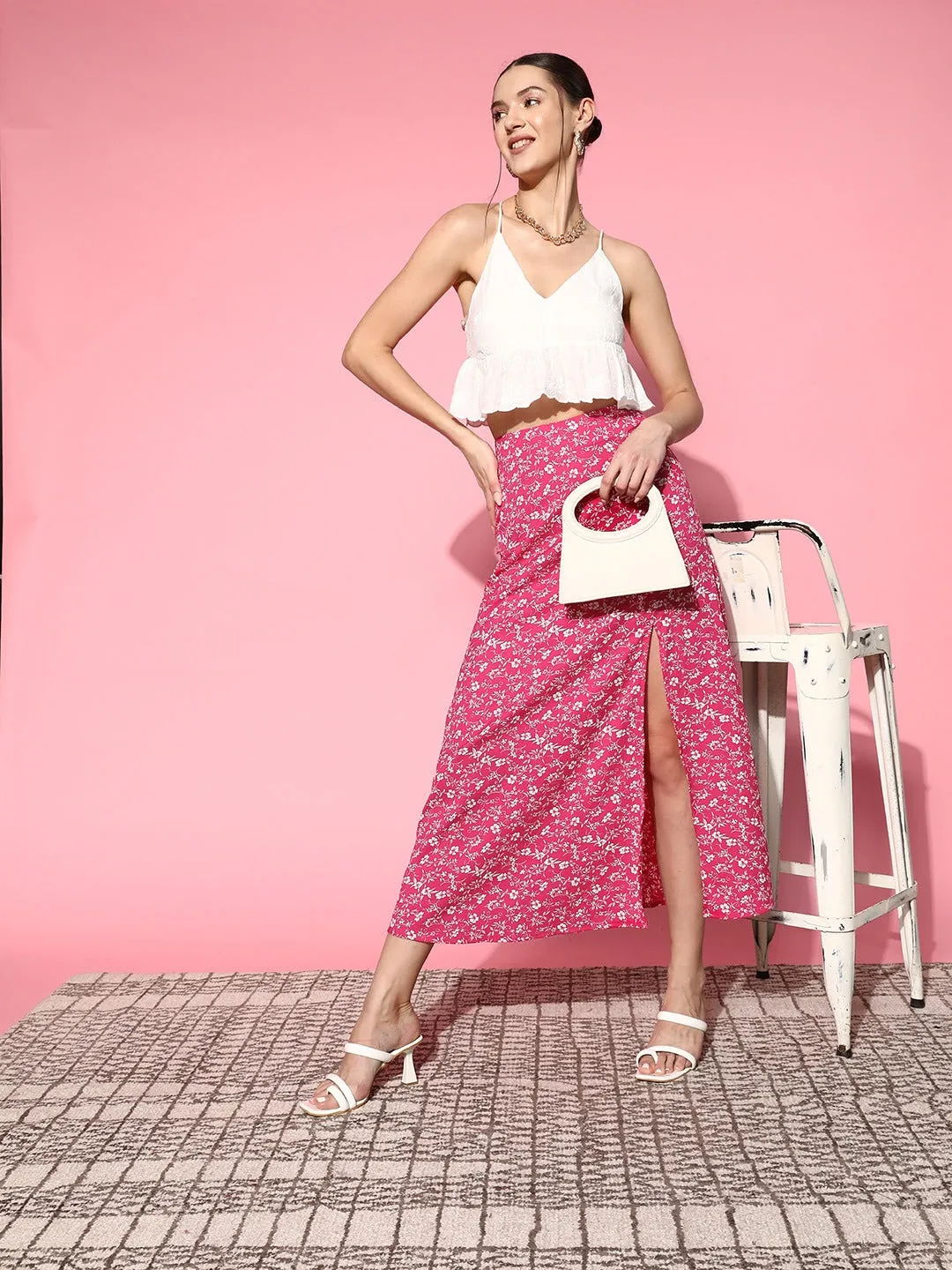 Berrylush Women Pink & White Floral Printed High-Rise Waist Side-Slit Flared A-Line Maxi Skirt