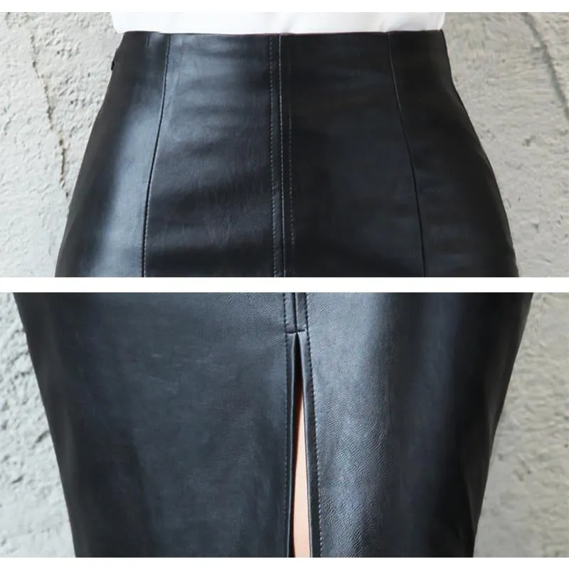 Black PU Leather Skirt Women Midi High Waist Bodycon Split Skirt