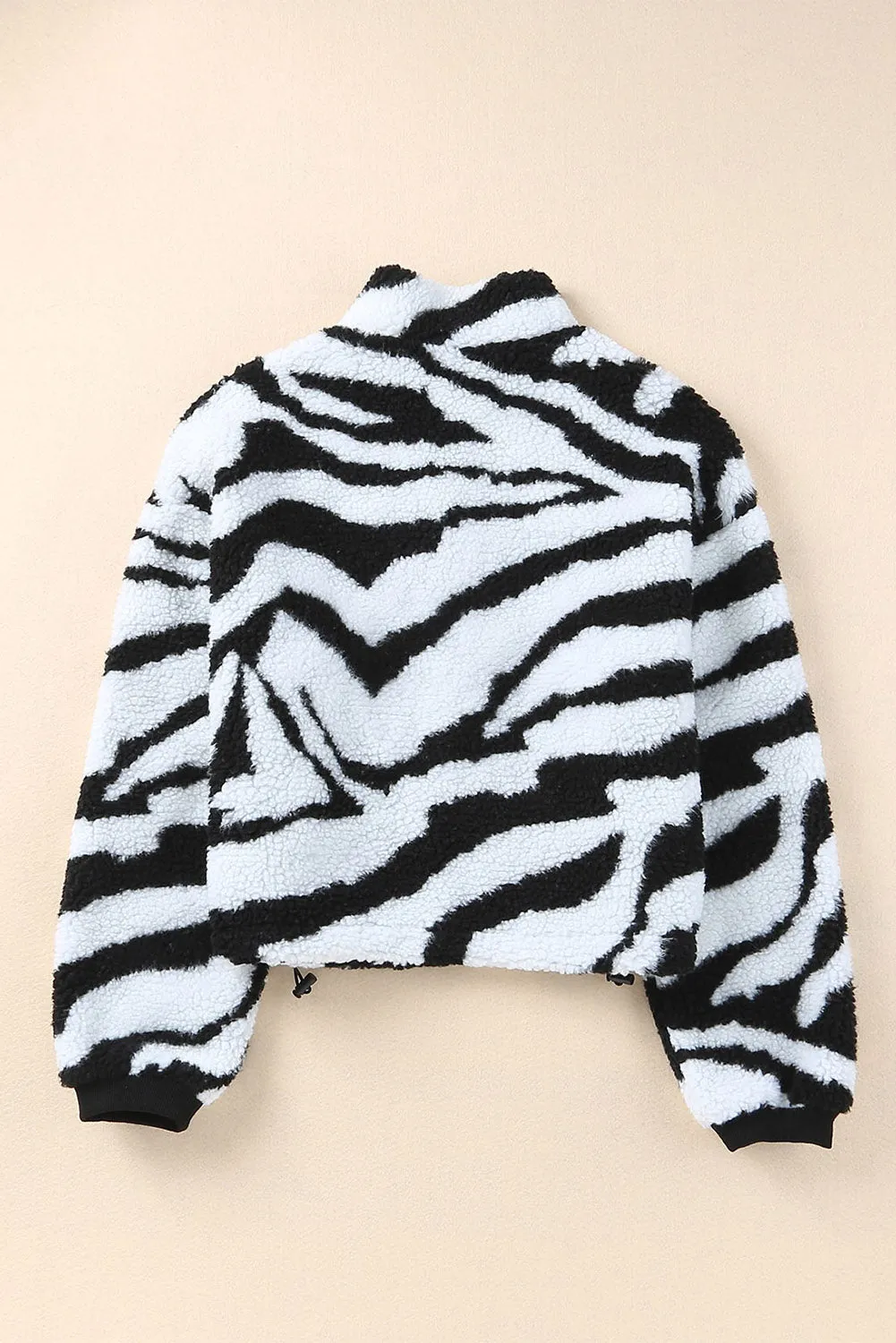 Black Zebra Teddy Zip-Up High Neck Jacket