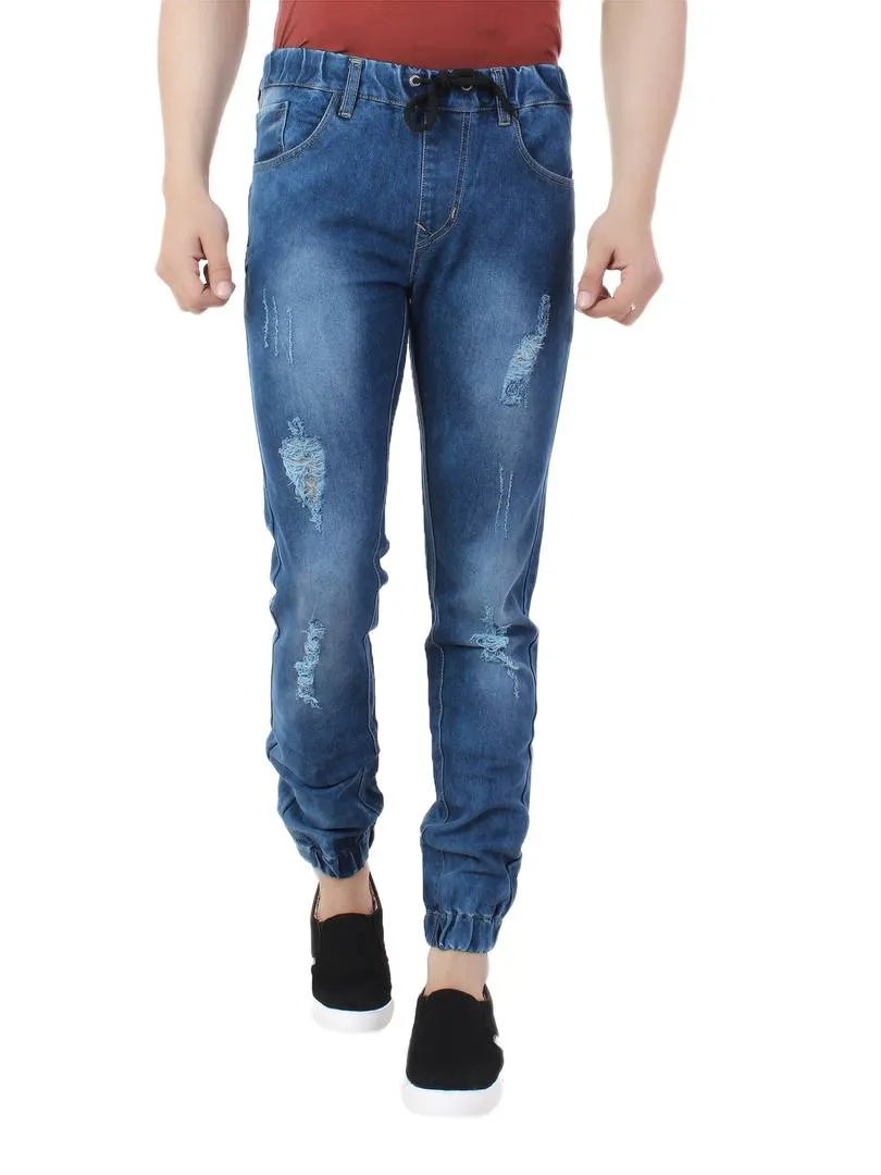 Blue Distress Regular Fit Cloud Wash Denim Jogger Jeans