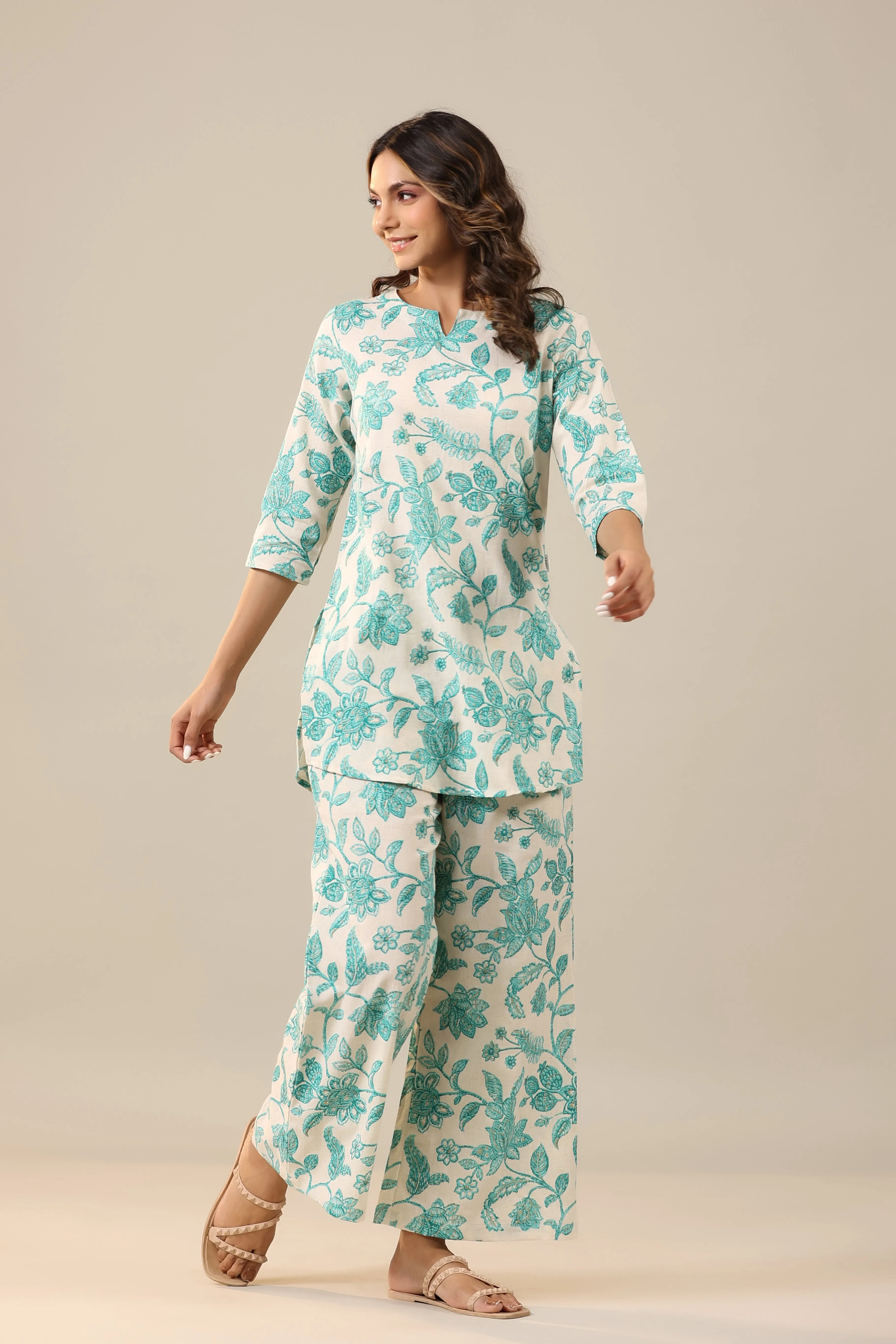 Blue Jaal on White Cotton Flex Palazzo Loungewear Set