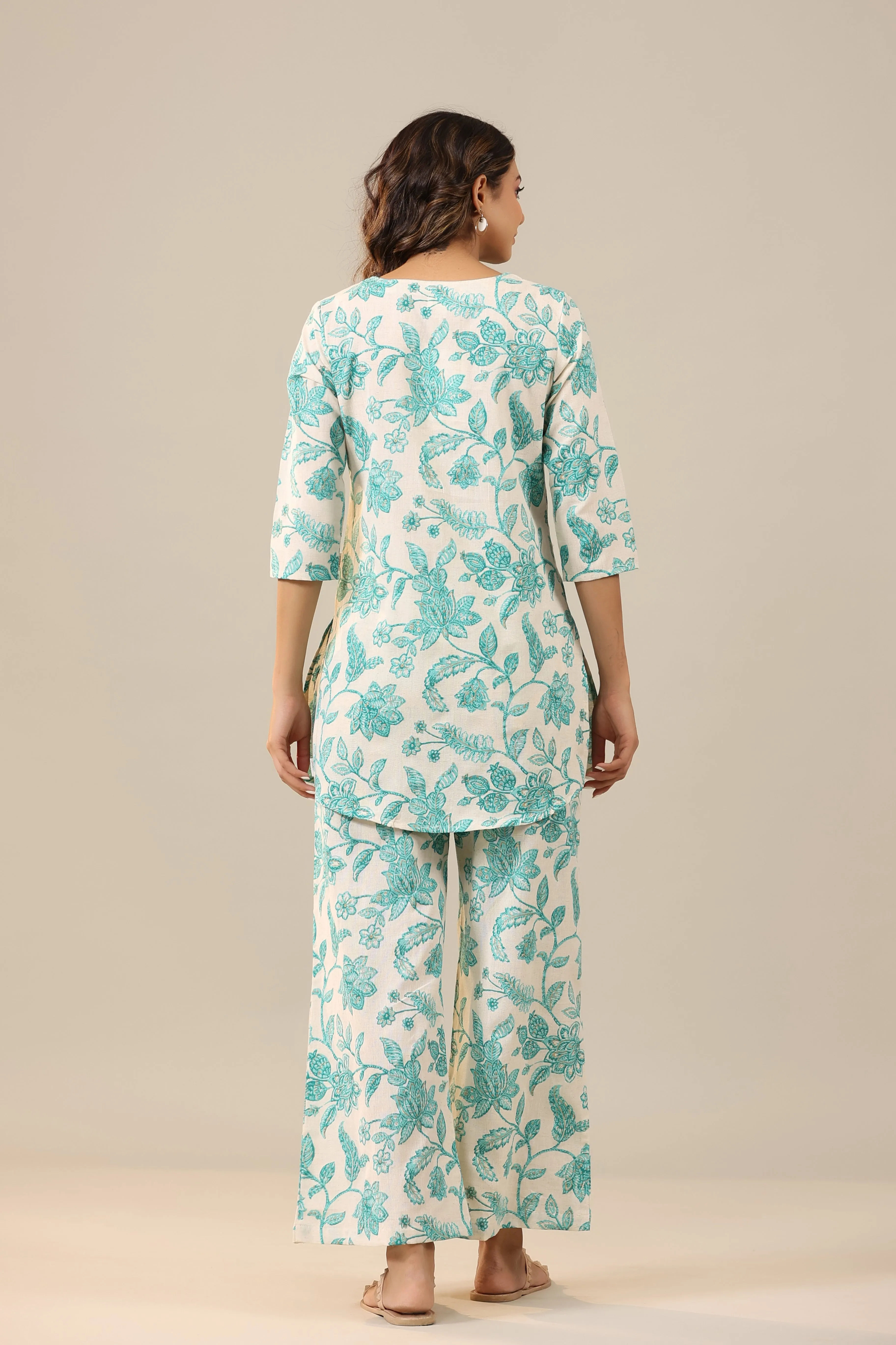 Blue Jaal on White Cotton Flex Palazzo Loungewear Set