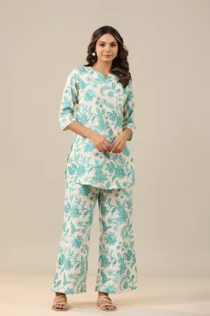 Blue Jaal on White Cotton Flex Palazzo Loungewear Set