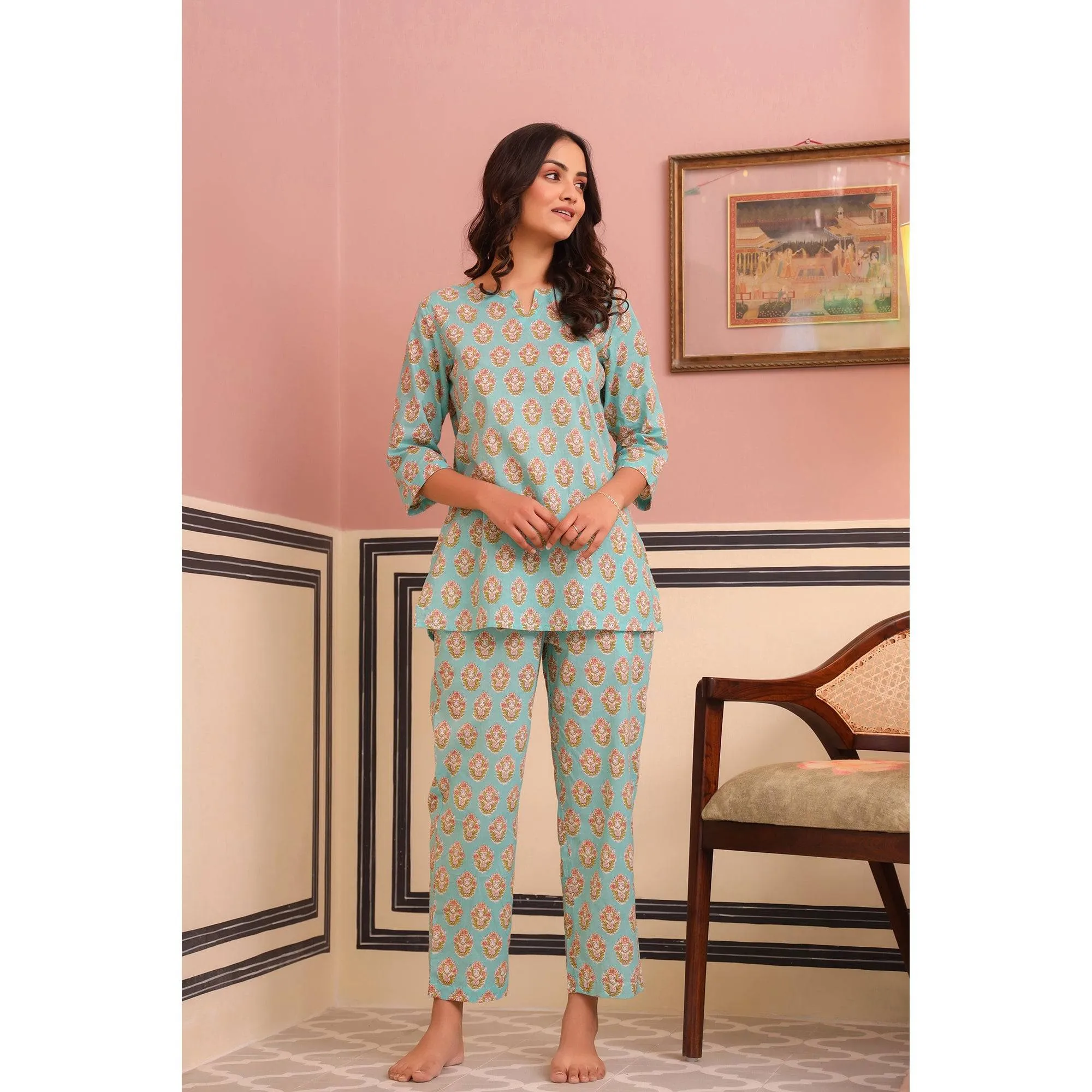 Bouquet Motif on Sky Blue Loungewear Top Set