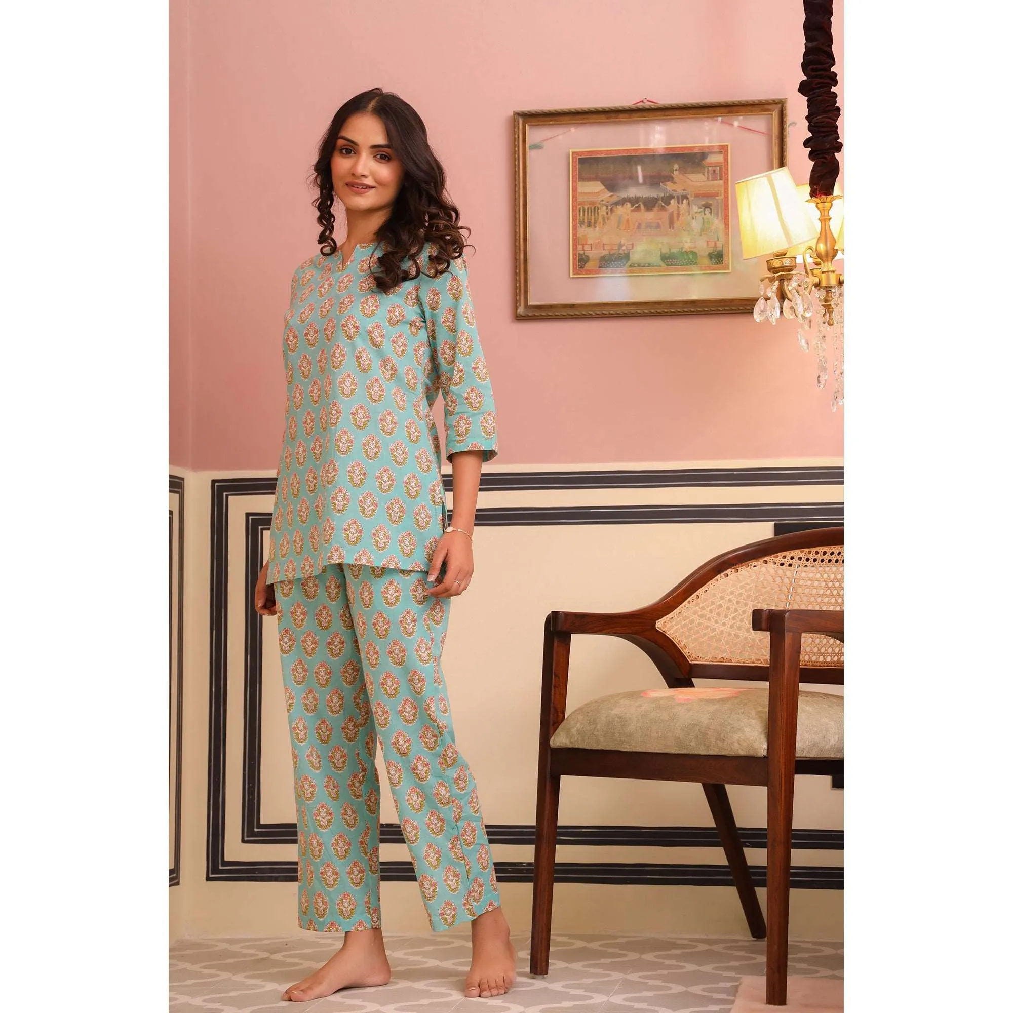 Bouquet Motif on Sky Blue Loungewear Top Set