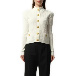 Buttoned 2 Pockets Vichy Knit Cardigan in White