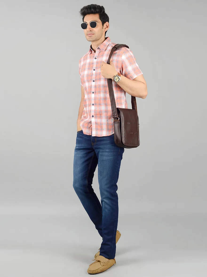 Camellia Orange Checked Slim Fit Casual Shirt | Greenfibre