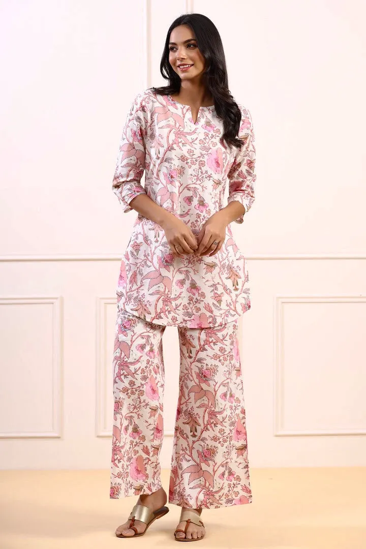 Carnation on White Cotton Palazzo Loungewear Set