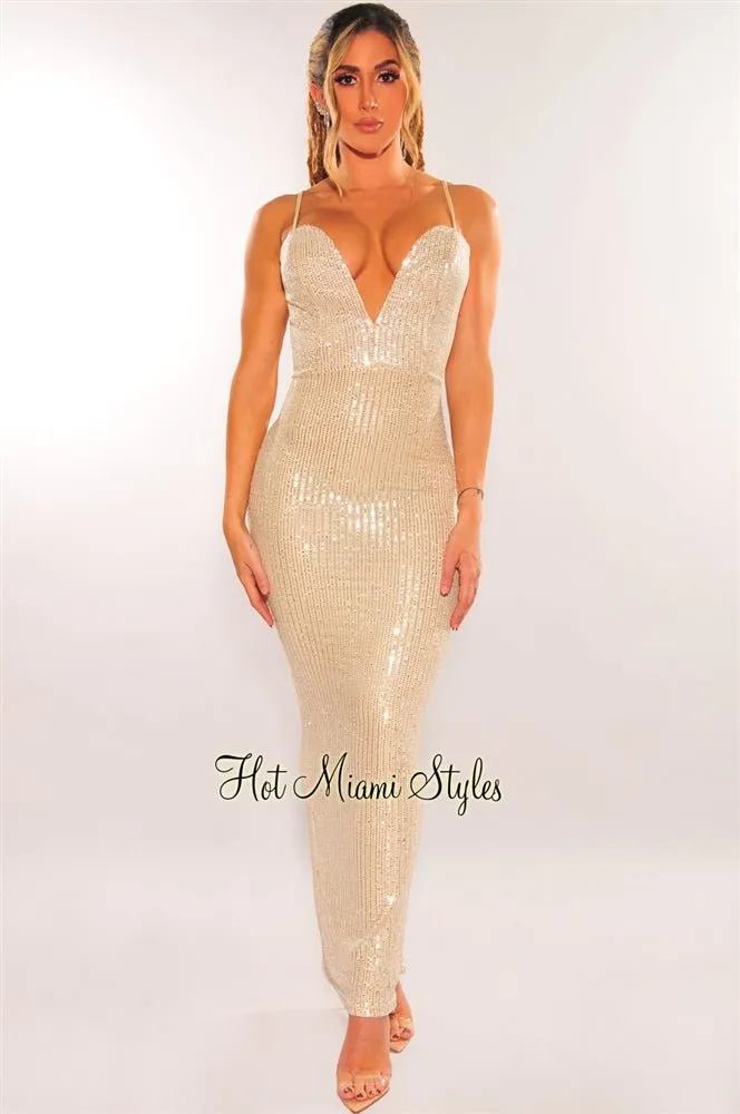 Champagne Silver Sequins Spaghetti Strap Sweetheart Maxi Dress