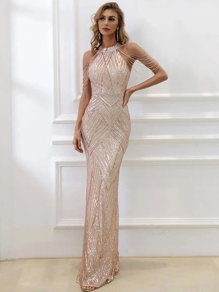 Cold Shoulder Beads Chain Elegant Sequin Prom Dress M01081