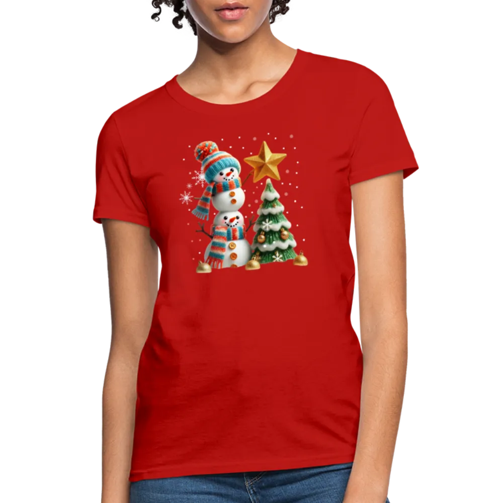 Cute Christmas Funny Snowman Decorating Tree Women's Contoured T-Shirt