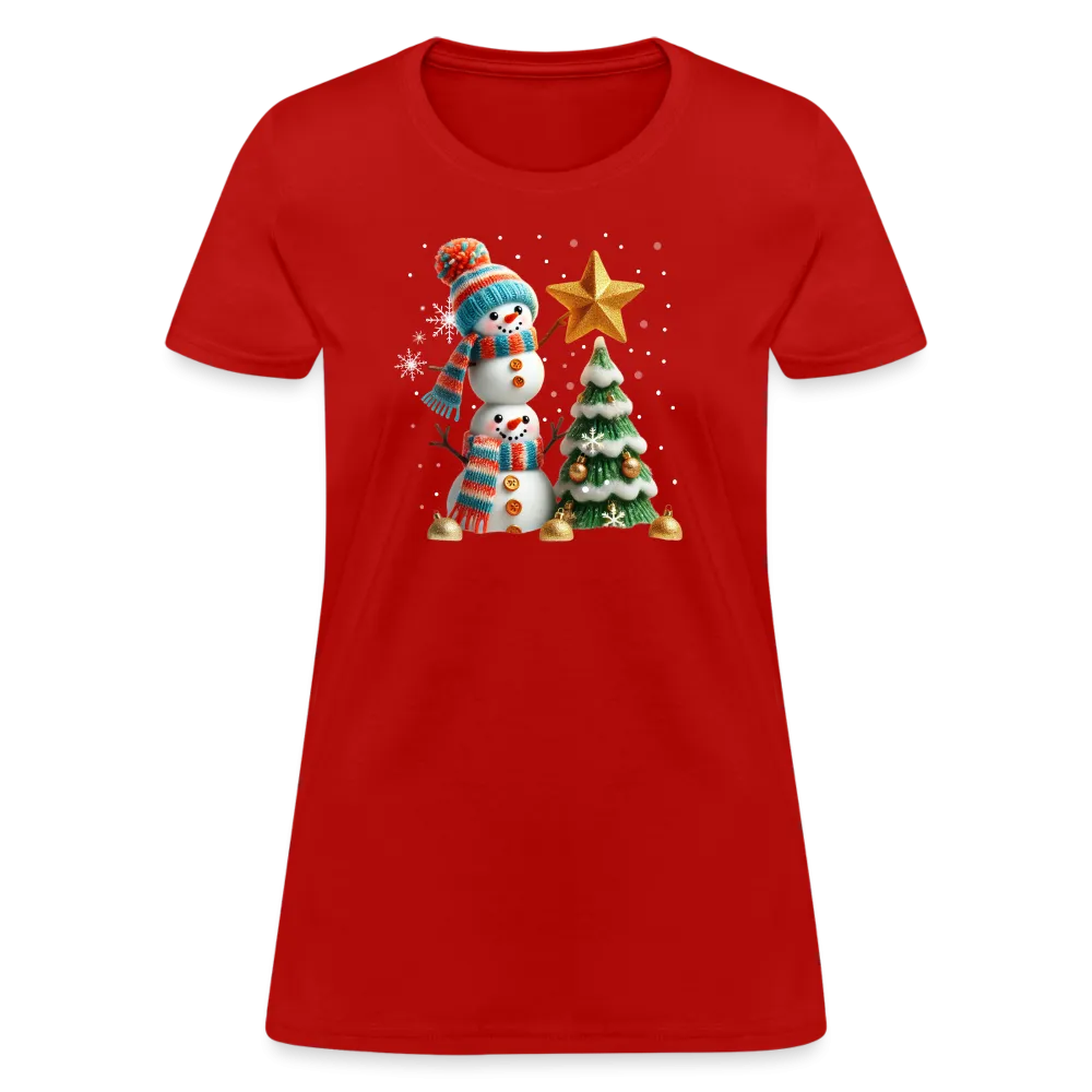 Cute Christmas Funny Snowman Decorating Tree Women's Contoured T-Shirt