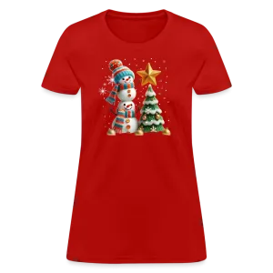 Cute Christmas Funny Snowman Decorating Tree Women's Contoured T-Shirt