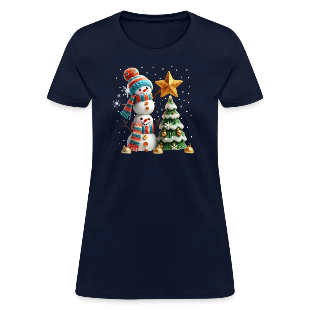 Cute Christmas Funny Snowman Decorating Tree Women's Contoured T-Shirt