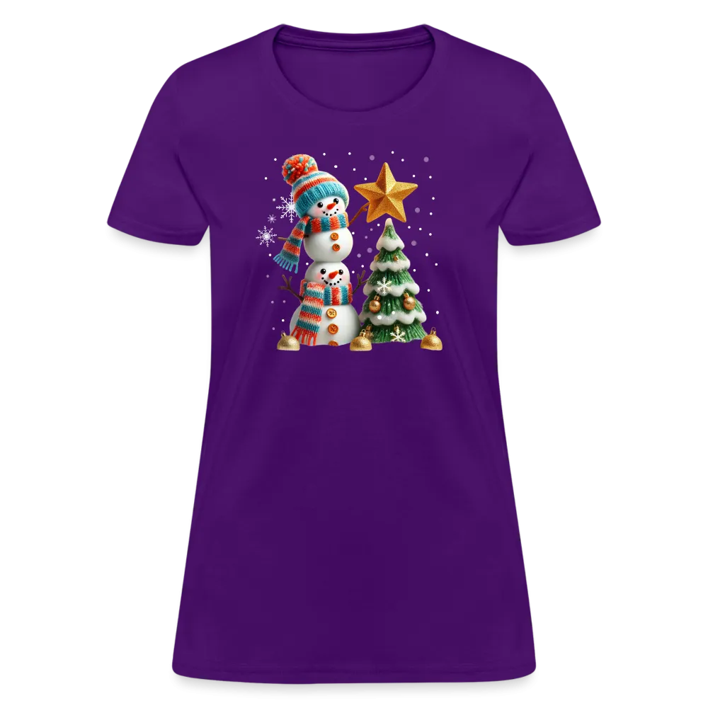 Cute Christmas Funny Snowman Decorating Tree Women's Contoured T-Shirt