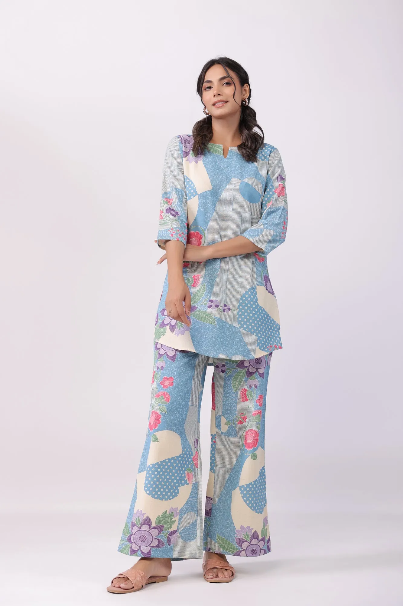 Distant Blooms Blue Cotton Palazzo Loungewear Set