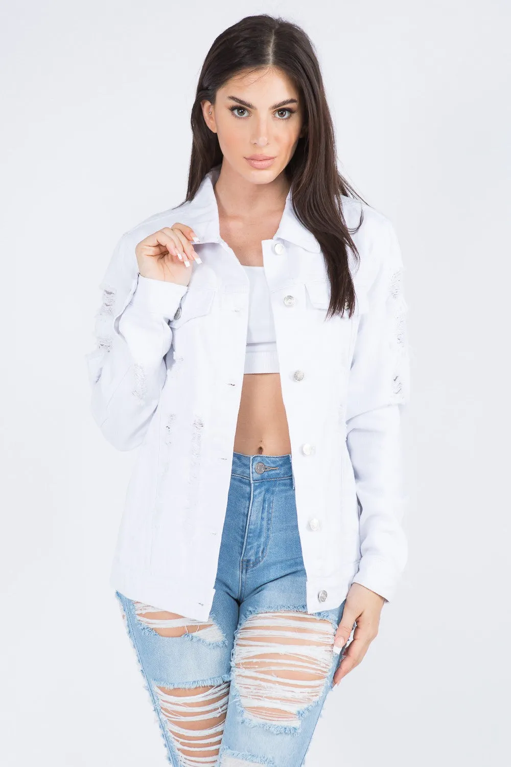 Distressed Back Button Down Denim Jacket