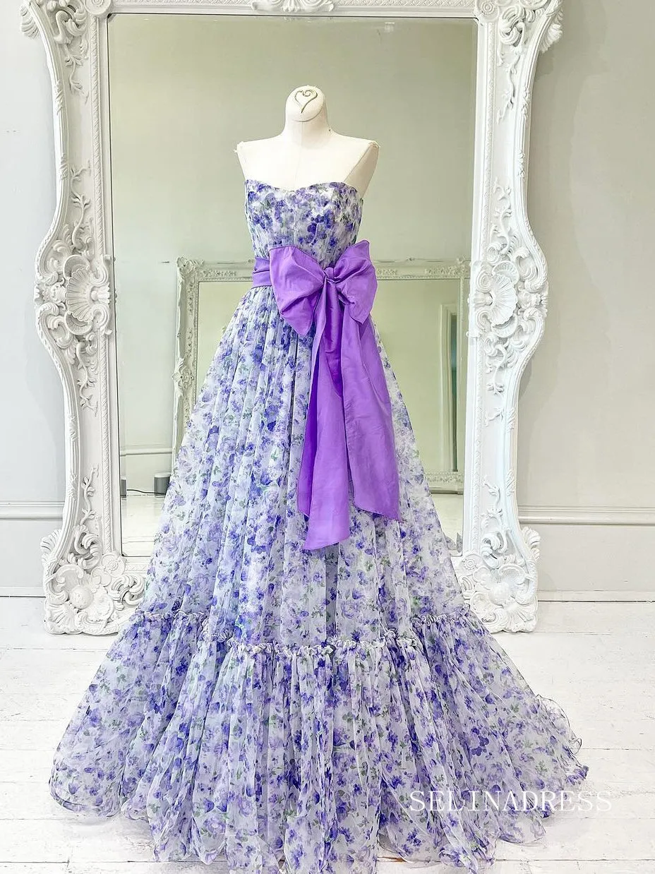 Elegant A-line Strapless Purple Print Floral Bow Tie Long Prom Dress lps012