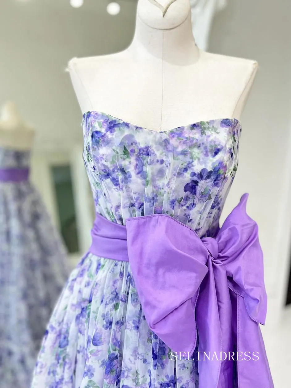 Elegant A-line Strapless Purple Print Floral Bow Tie Long Prom Dress lps012