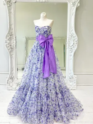 Elegant A-line Strapless Purple Print Floral Bow Tie Long Prom Dress lps012