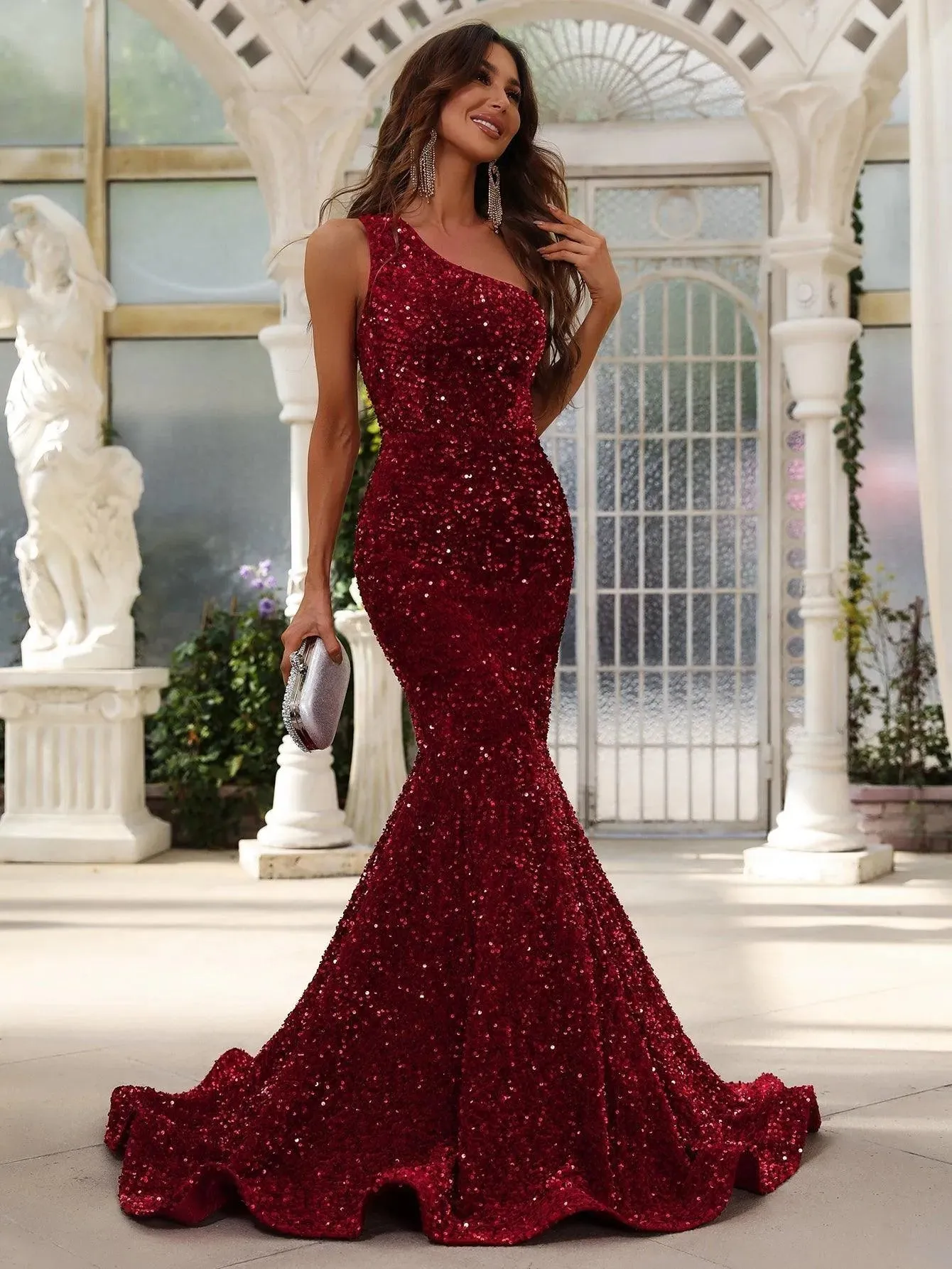 Elegant One Shoulder Sleeveless Sequin Mermaid Dresses