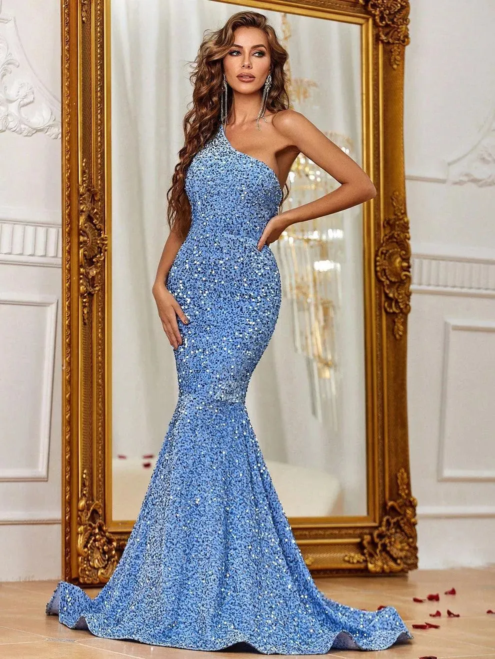 Elegant One Shoulder Sleeveless Sequin Mermaid Dresses