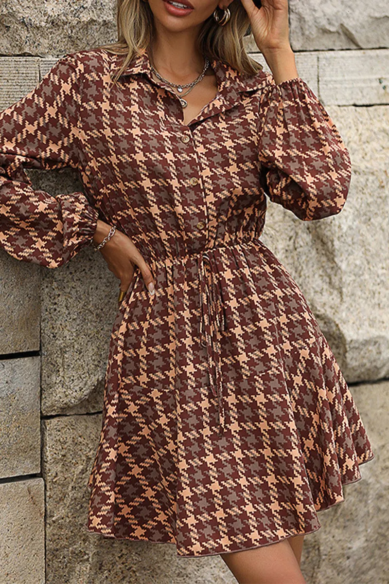 Elegant Plaid Frenulum Turndown Collar Long Sleeve Dresses