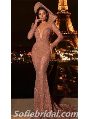 Elegant Sequin Long Sleeves V-Neck Mermaid Long Prom Dresses,SFPD0269