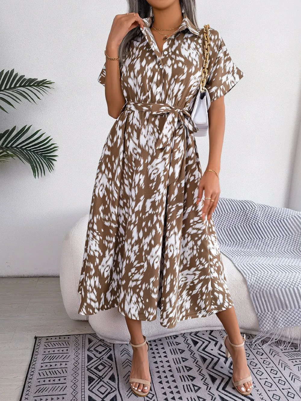 Elegant Short Tie Waist Resort Midi Dress