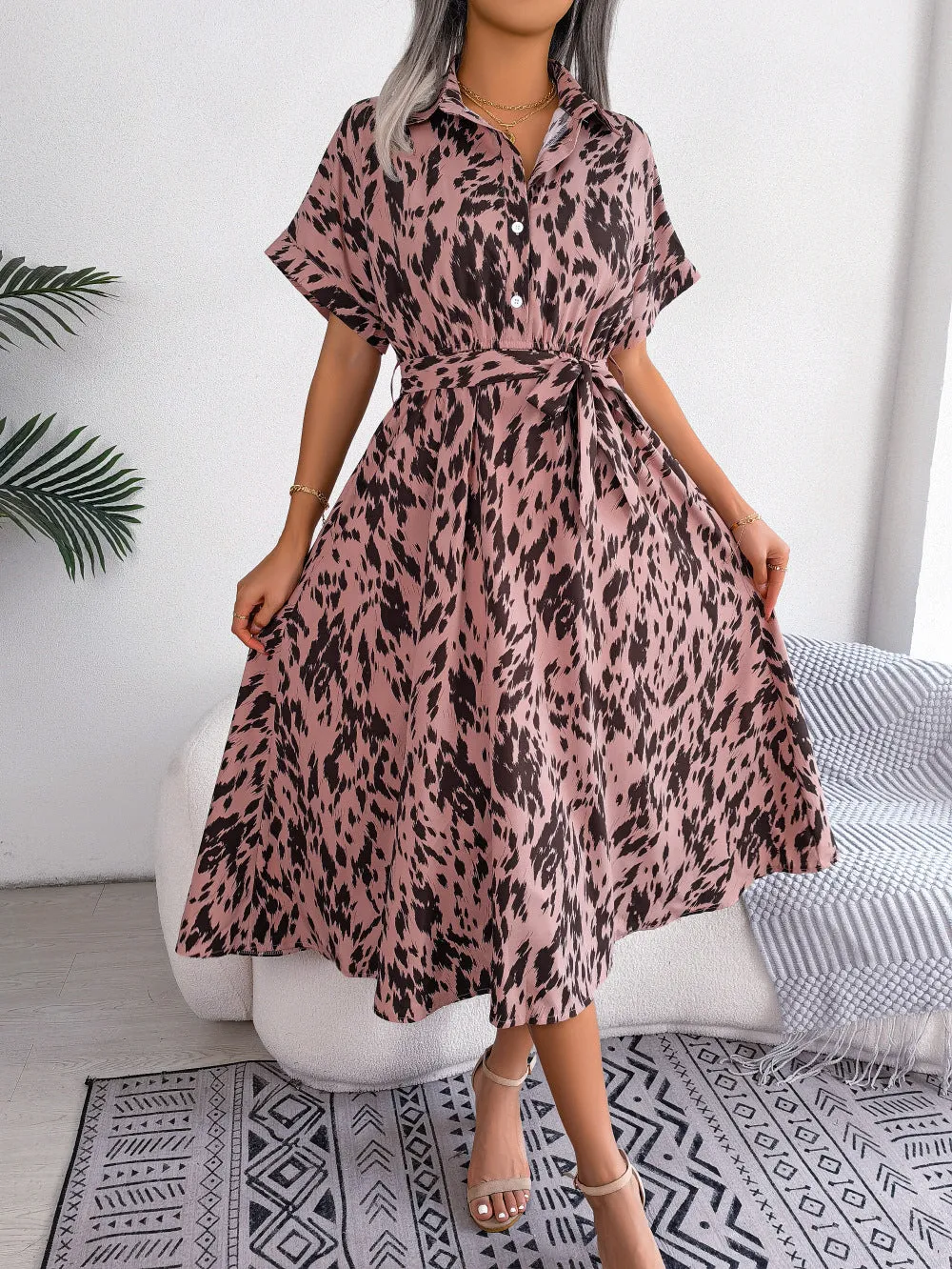 Elegant Short Tie Waist Resort Midi Dress