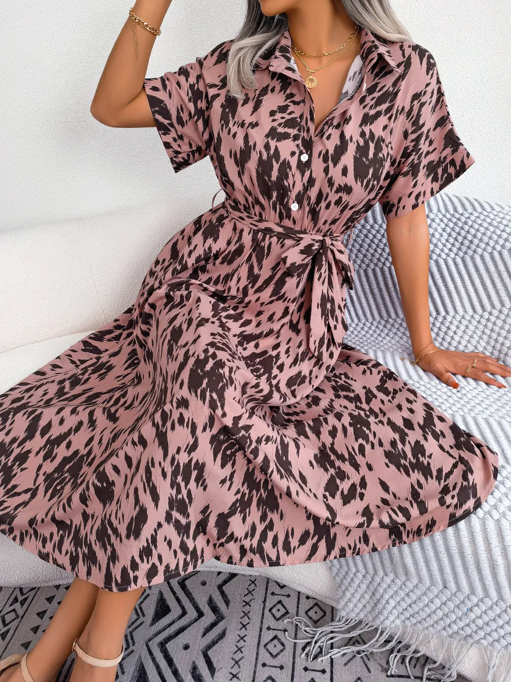 Elegant Short Tie Waist Resort Midi Dress