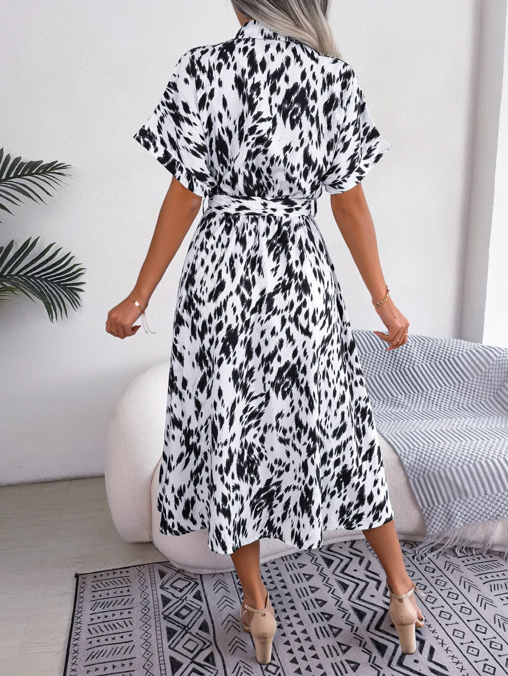 Elegant Short Tie Waist Resort Midi Dress