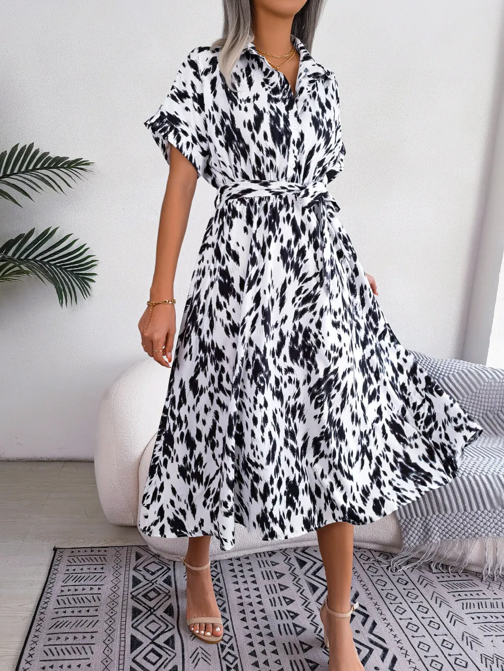 Elegant Short Tie Waist Resort Midi Dress