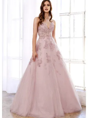 Elegant Straps V-neck Applique Tulle Backless A-line Long Prom Dresses Evening Dress, OL940