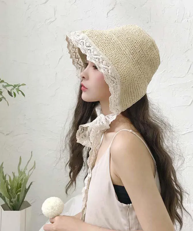 Elegant White Patchwork Lace Lace Up Straw Woven Floppy Sun Hat