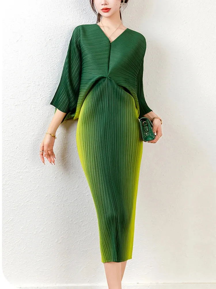 Elegant Women's Ombre Draped Sleeve Midi Dress