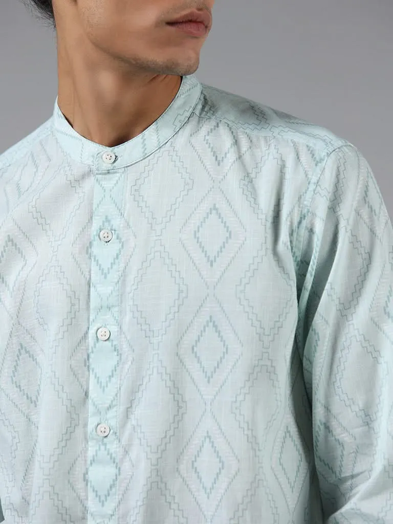 ETA Light Teal Geometric Printed Cotton Resort-Fit Shirt