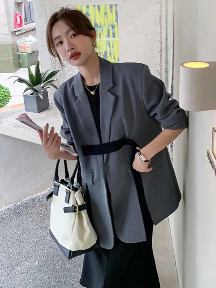 Fashionkova Ribbon Slit Blazer Coats For Women Notched Long Sleeves Loose Fashion Clothing Office Lady Casual Korean Style