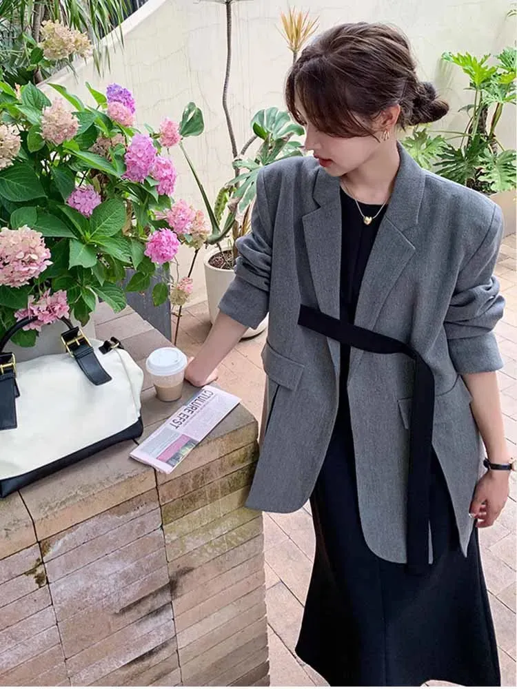 Fashionkova Ribbon Slit Blazer Coats For Women Notched Long Sleeves Loose Fashion Clothing Office Lady Casual Korean Style