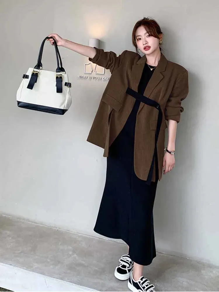 Fashionkova Ribbon Slit Blazer Coats For Women Notched Long Sleeves Loose Fashion Clothing Office Lady Casual Korean Style