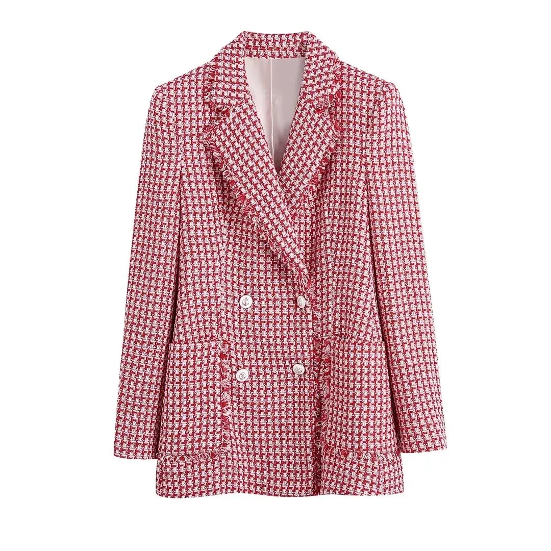 Fashionkova  Stylish Women Red Plaid Tweed Blazer Jacket 2022 New Office Lady Double Breasted Button Up Slim Coat High Waist Outerwear